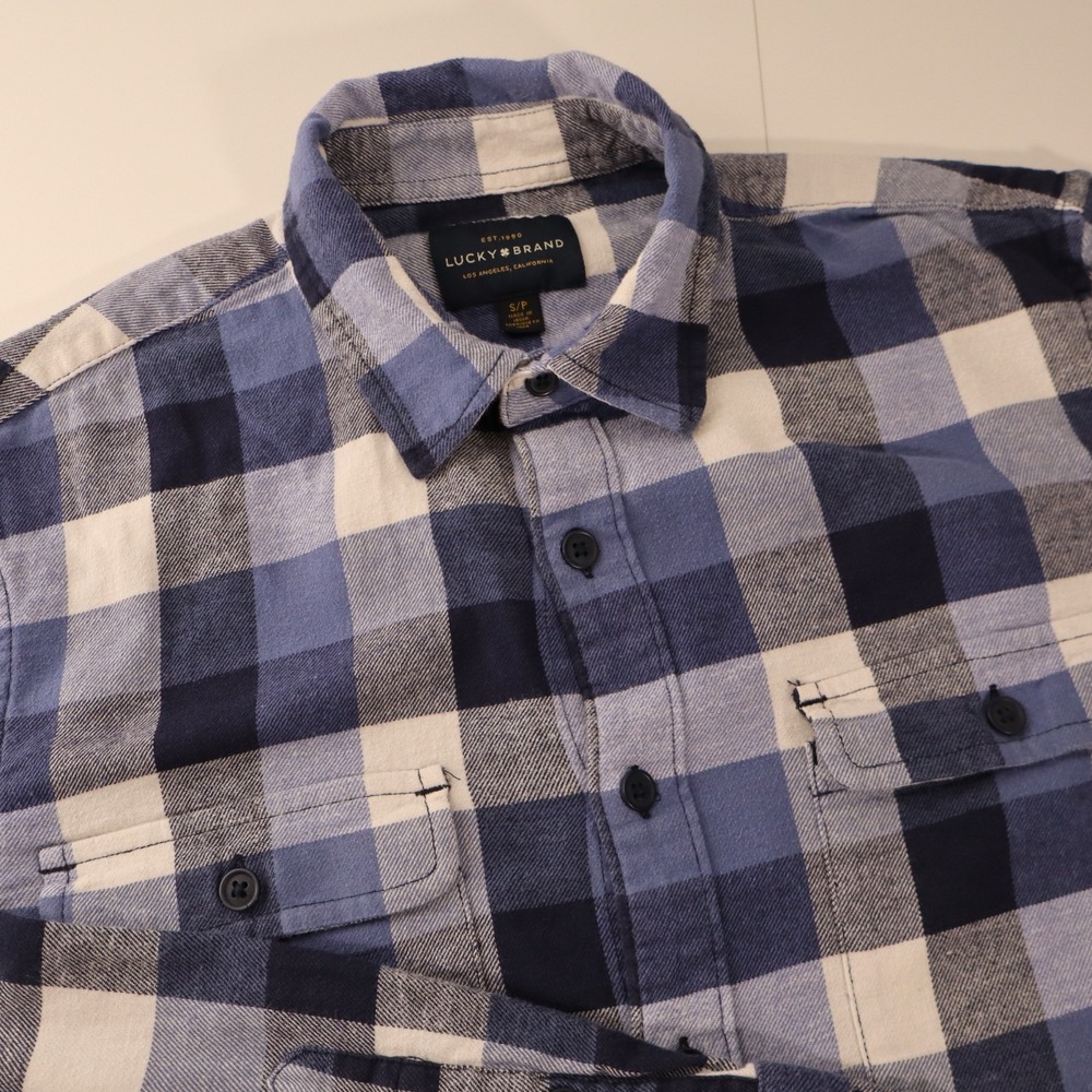 Lucky Brand Mens Small White Blue Plaid Flannel Button Up Shirt Long Sleeve